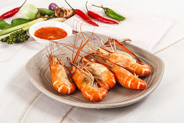 Boiled tiger prawn with sauce