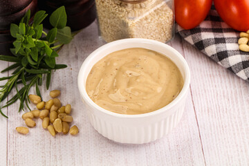Delicious walnut creamy sauce in the bowl