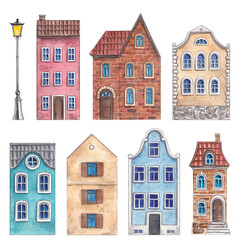 Set of cute European houses. Watercolor hand-drawn illustration bright cottages. Clipart on a white background on the theme of the city, street, architecture.