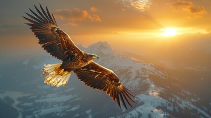 Obraz premium Majestic golden eagle is flying over a valley of snowy mountain peaks with the sun setting in the background