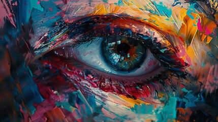 Fototapeta premium Close-up of an eye within a vibrant, abstract painting. Rich colors and brushstrokes create a striking, artistic composition.