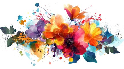 Vibrant abstract floral composition with colorful blossoms and splashes of paint against a white background