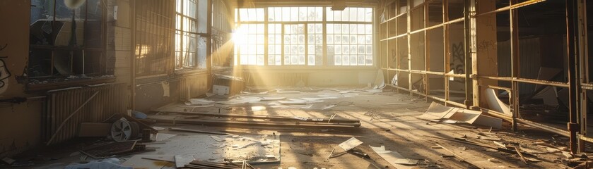 Sunlit Abandoned Room with Debris and Broken Windows Capturing a Tranquil, Silent Atmosphere