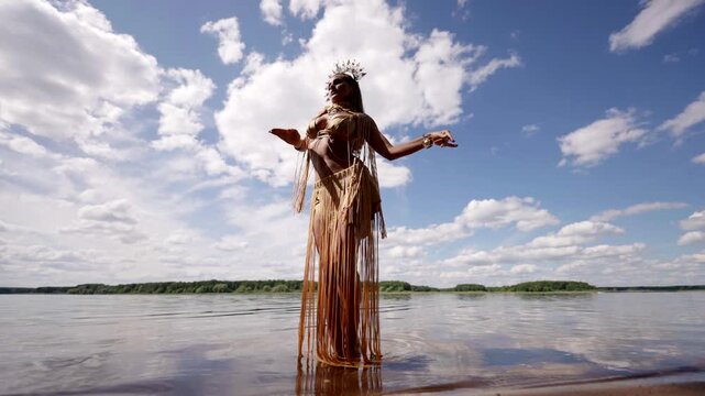 A woman stands in the water, against the background of a lake and a sky with clouds, in an exotic costume with a fringe and a crown, dancing, creating a feeling of freedom and lightness.