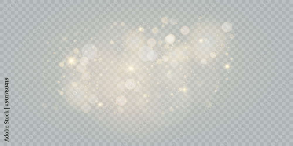 Aufkleber Glowing golden dust bokeh with reflections. Christmas glowing bokeh and glitter overlay texture for your design on transparent background. Golden particles abstract vector background.