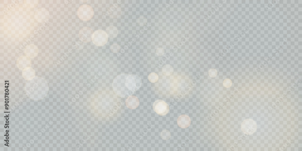 Poster Sparkling Christmas gold particles of bright bokeh, glowing bokeh lights and glitter isolated on transparent background.
