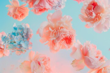 big flying roses and peonies in pastel pastel pink colors and blue hydrangeas on a pastel blue, orange, pink gradient background
