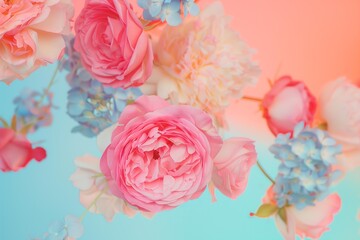 Fototapeta premium big flying roses and peonies in pastel pastel pink colors and blue hydrangeas on a pastel blue, orange, pink gradient background