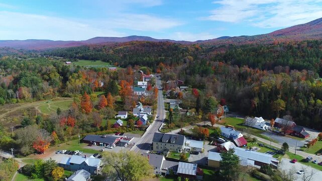 Stationary Drone View of Northern New England Village With White Church -  East Burke, Vermont