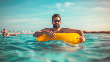 Interesting summer photo of a man with an inflatable ring