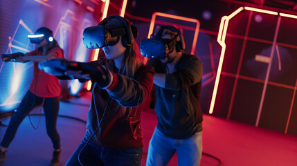 Fototapeta premium Immersive Virtual Reality: People Exploring Dynamic Futuristic Worlds