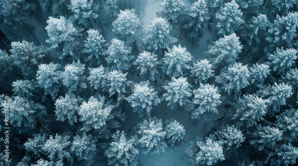 Poster aerial view of snow-covered trees in a dense forest during winter. generative ai