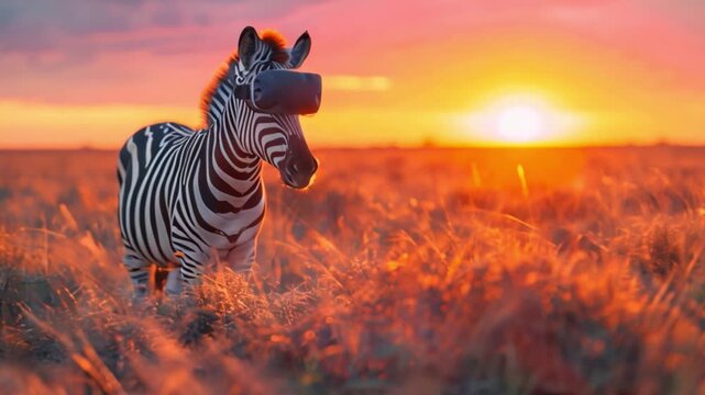A zebra wearing a VR headset stands in a field of tall grass as the sun sets behind it.