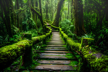 Obraz premium A mossy wooden bridge winds its way through lush, green leaves in a tropical setting.