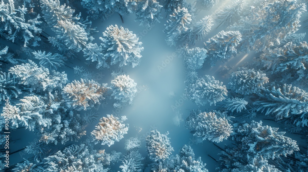 Poster aerial view of snow-covered forest with sunlight filtering through trees in winter. generative ai