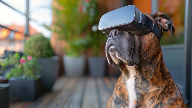 A brindle boxer dog is wearing a VR headset on an outdoor patio with potted plants.