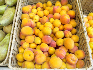 buying apricots, peaches,various fruits on supermarket shelves