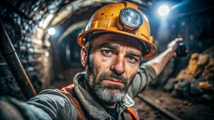 Fototapeta premium A miner takes a selfie inside a mine, illuminating the dark working world with his flashlight