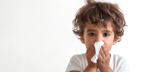 Child blowing nose into napkin on white background. Childhood allergy or flu disease.