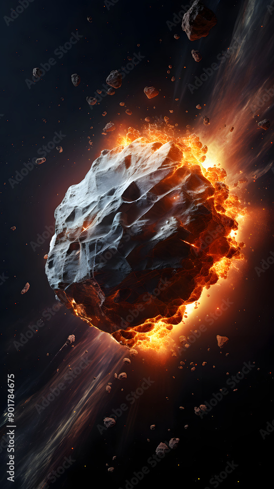 Poster a fiery asteroid hurtles through space, its surface glowing with heat as it breaks apart. smaller as