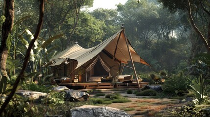 Luxury glamping tent in a lush forest setting, offering a serene getaway with comfortable amenities amidst nature's beauty.