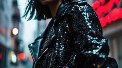 A black leather jacket with sequin patches, combining edgy and glamorous elements