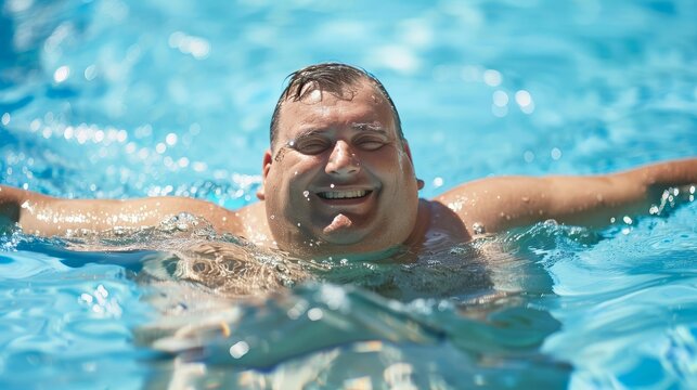 Fat man enjoying a swim in the pool, looking refreshed and happy