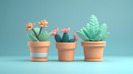 Fototapeta premium Minimal Potted Succulents Decor with Matte Clay Pots in Cartoon Style
