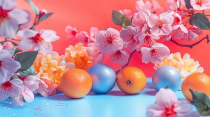 Spring flowers and citrus fruits on colorful background
