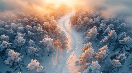 Winding Frozen Path Through Frost-Covered Trees at Sunrise in Winter Wonderland. Generative AI