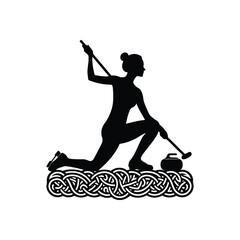 Curling sport female player with celtic knot, nordic pattern illustration, emblem shield badge