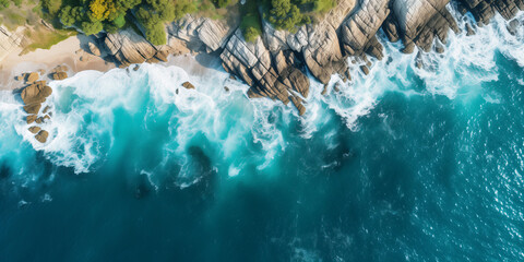 Coast, waves hitting the rocks, top view 