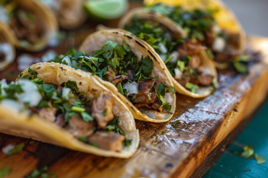 grilled steak street style food truck authentic Mexican soft shelled tortilla tacos with lemon, herbs, and onions generative ai