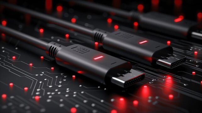 Close-Up of HDMI Cables With Illuminated Connectors on a Circuit Board at Night