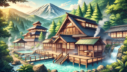 Fototapeta premium Relaxing mountain retreat featuring traditional architecture, hot springs, and stunning natural scenery. Perfect for rejuvenation.