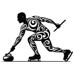 Fototapeta premium Curling sport male player with ethnic tribal tattoo, gothic, pattern illustration, emblem shield badge