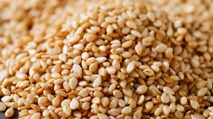 Fototapeta premium Front view of a wooden scoop filled with Organic White Sesame seeds (Sesamum indicum) or Til. Isolated on a white background. 