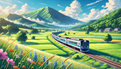 Fototapeta premium A scenic train ride through lush landscapes, showcasing mountains, vibrant flowers, and a bright blue sky.