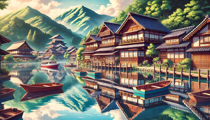 Fototapeta premium A serene landscape featuring traditional wooden houses by a calm lake, surrounded by majestic mountains and lush greenery.