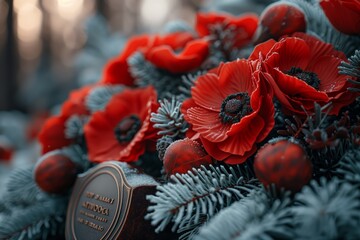 Naklejka premium Beautiful Red Poppies Adorning a Winter Burial Site Surrounded by Evergreen Foliage at Dusk