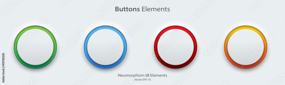 Poster A set of white blank round buttons with light neon colorful. 3D Neumorphism buttons design style for Apps, Websites, Interfaces, and mobile apps. UI UX. Vector illustration.
