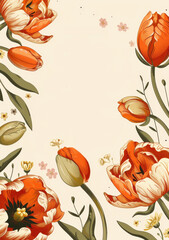 A delicate floral border of orange and white tulips with green leaves on a cream background.