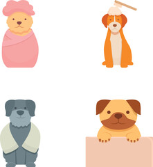 Pet grooming icons set cartoon vector. Cute dog enjoying salon procedure. Clean happy dog