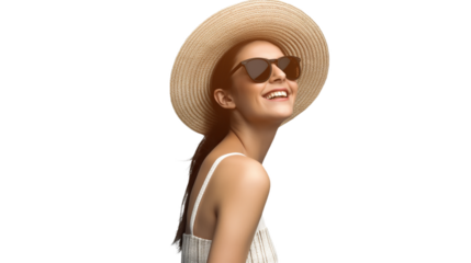 A joyful young woman of Caucasian descent, wearing a sun hat and sunglasses, radiating happiness with a bright smile.