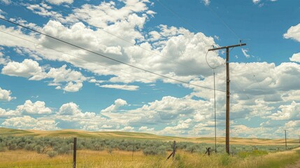 Fototapeta premium Power lines stretching across rural landscape with blue sky and clouds. 