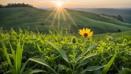 A yellow flower is in the middle of a field of green grass