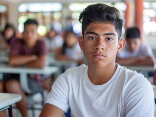 Fototapeta premium A young man sits among others, likely in a meeting or conference setting