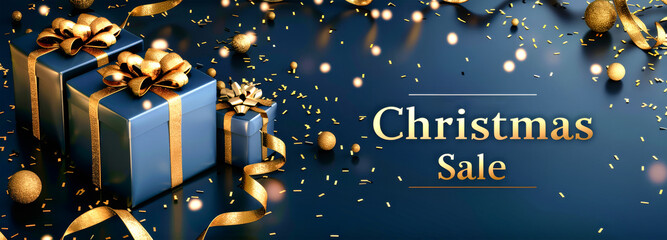 A dark blue background with a Christmas Sale banner, adorned with two gold-wrapped presents and gold confetti