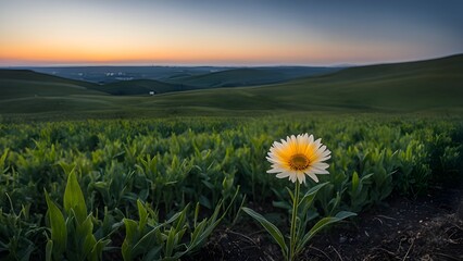 A single yellow flower is in the middle of a field of green grass