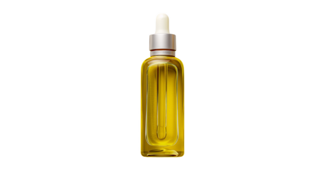 A stylish glass dropper bottle filled with vibrant yellow oil, emphasizing luxury and skincare vitality.